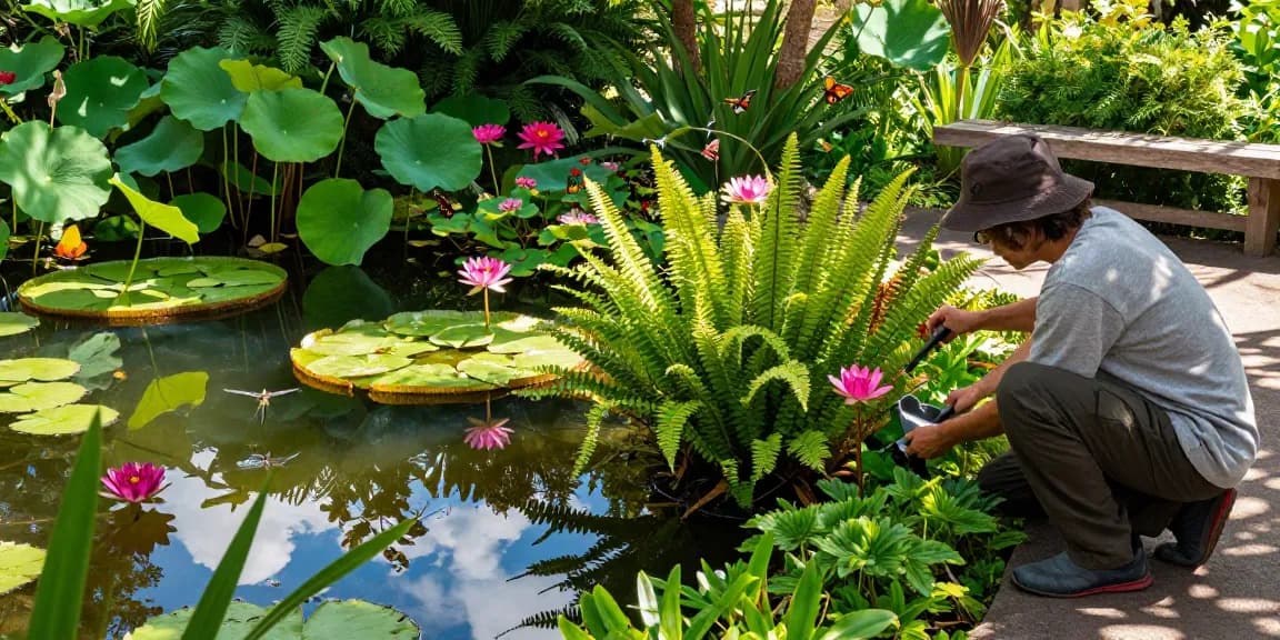 Pond plants flourishing in a vibrant garden setting, showing a gardener tending to water lilies and lotuses.