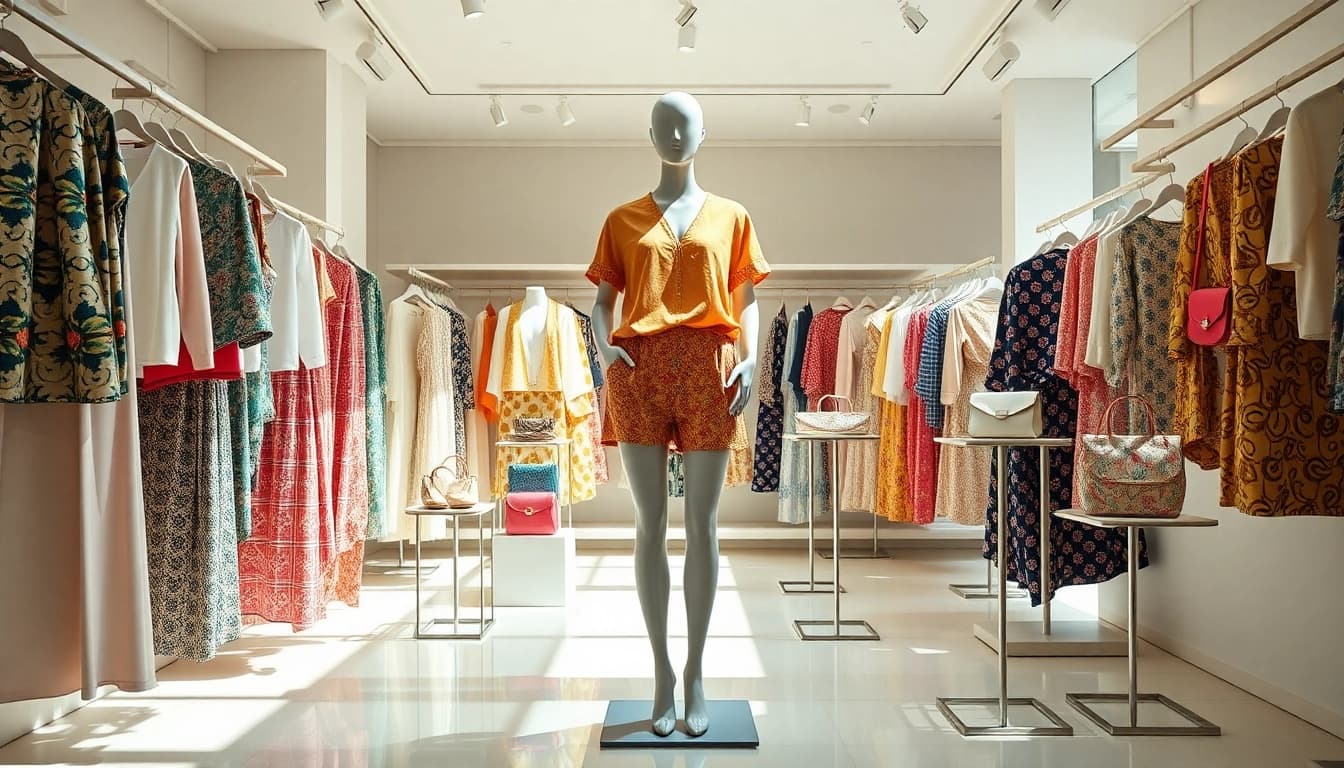 Fashion-centric display featuring a diverse range of stylish outfits and accessories.