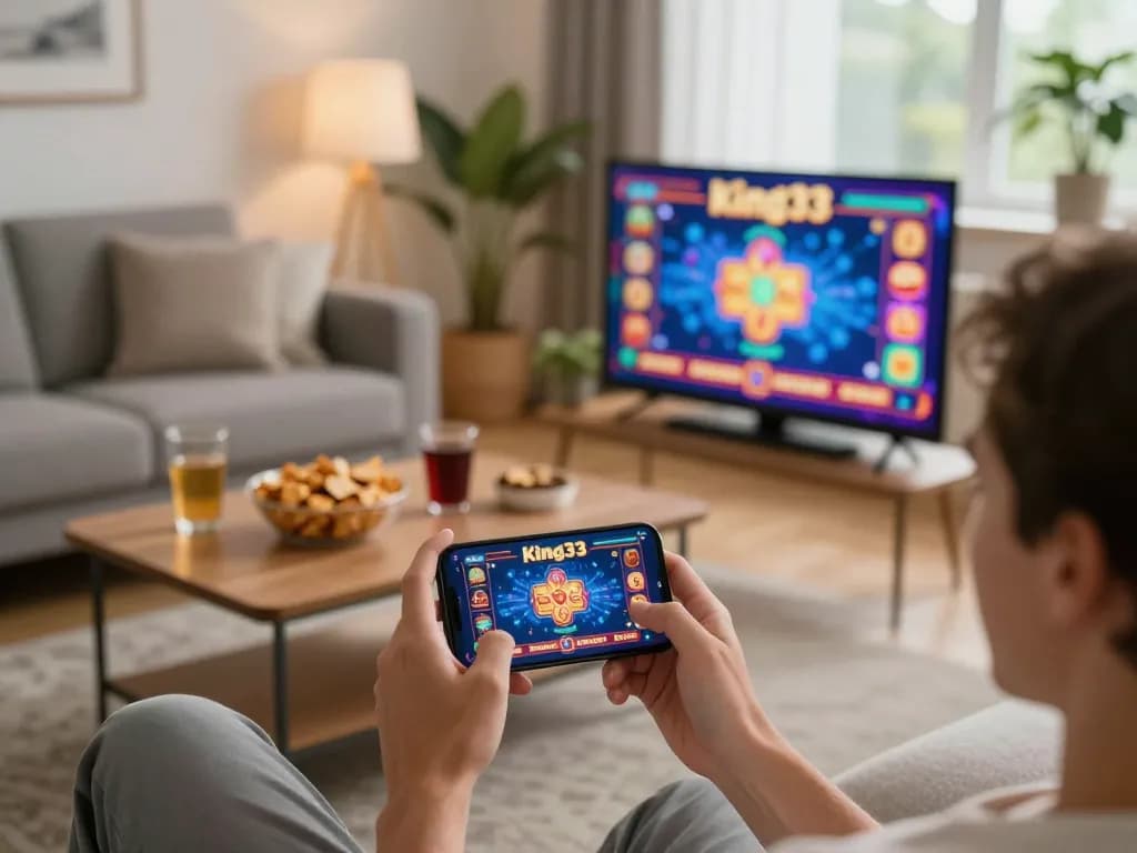 Engaging with the king33 mobile app for online gambling in a cozy living room
