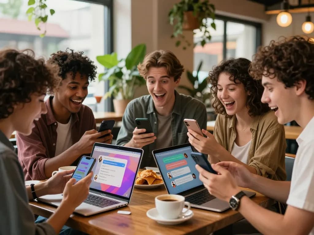 Engaging moment of friends enjoying spicy chat interactions in a cozy café, showcasing diverse characters and lively conversation.