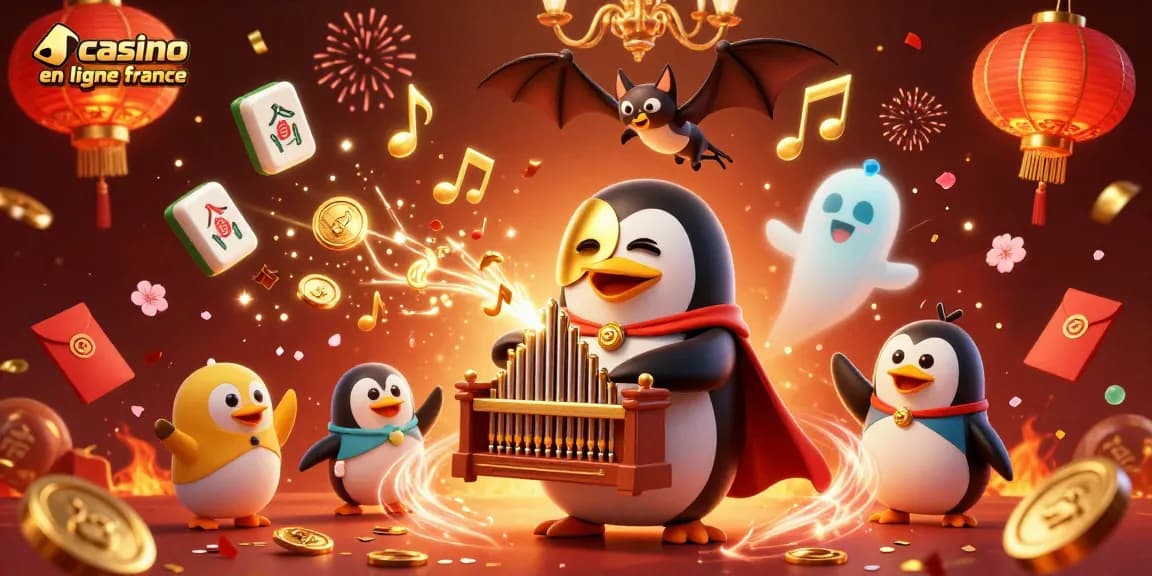 Découvrez un casino en ligne France avec un manchot jouant au piano et des décorations festives.