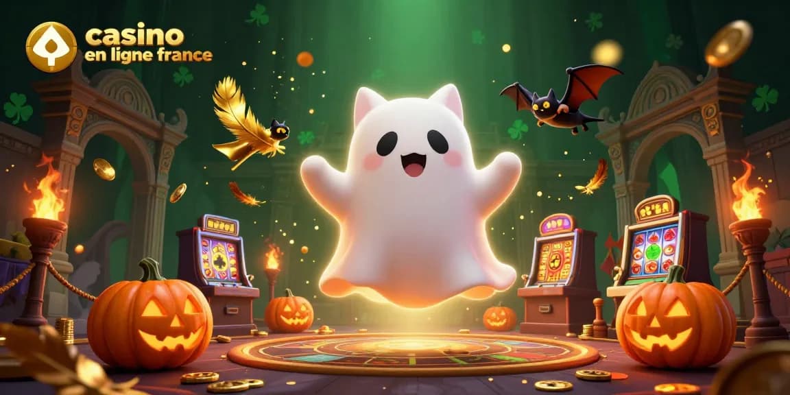 Le casino en ligne France s'anime avec un chat fantôme, une chauve-souris et des citrouilles dans un décor riche.