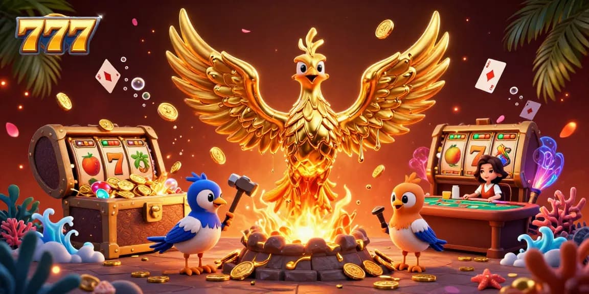 Win big with 777 at this lively casino scene featuring spinning slot reels and a golden phoenix.