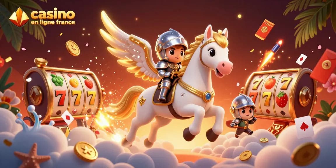 Illustration dynamique des jeux de casino en ligne France avec un cheval céleste et des éléments de jeu colorés.