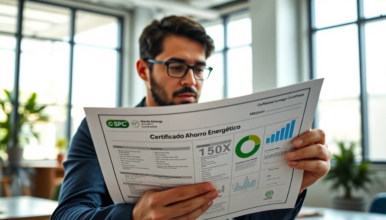 Analizando el Certificado Ahorro Energético en una oficina moderna y luminosa.