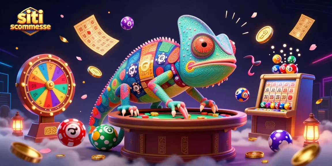 Gioca sui siti scommesse con il camaleonte proprietario del casinò che cattura monete d'oro e palline colorate.