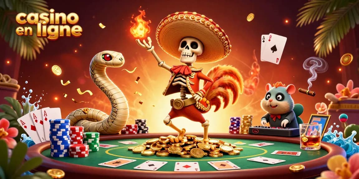 Le casino en ligne interactif mettant en scène un rooster mariachi célébrant sur des pièces d'or avec des éléments de poker.
