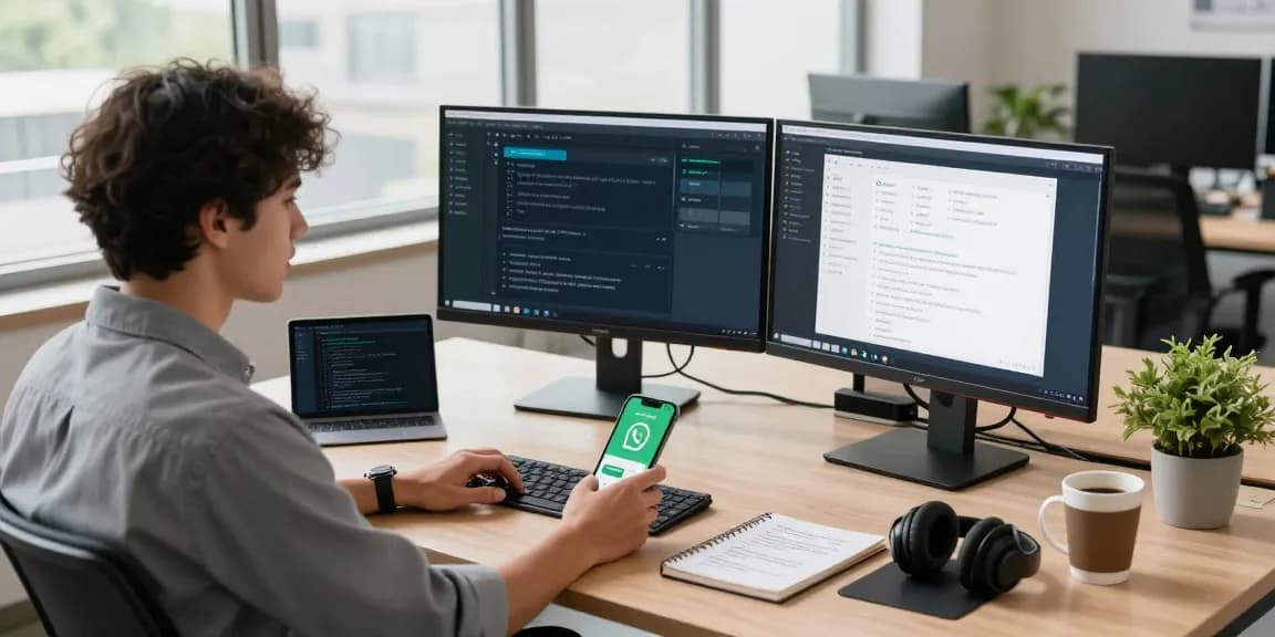WhatsApp下載 workspace scene with a professional using dual monitors and smartphone in a modern tech office.