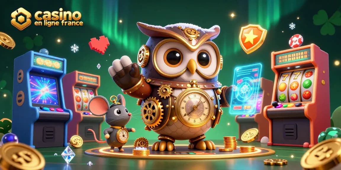 Illustration de casino en ligne France avec une chouette steampunk et des machines à sous