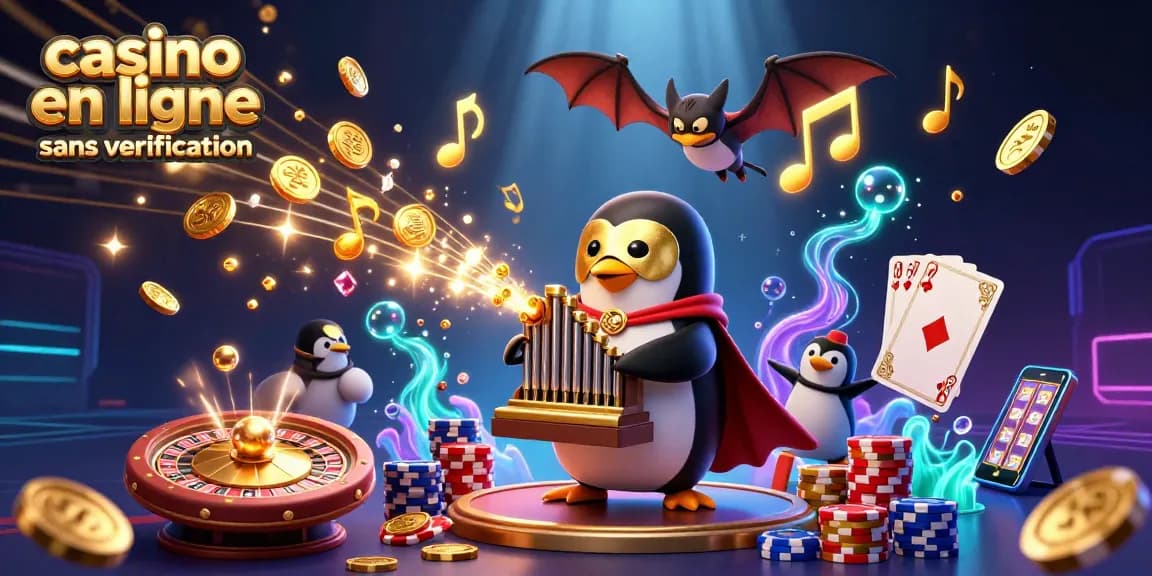 Détail captivant d'un casino en ligne sans vérification avec une illustration de pingouin jouant de l'orgue et des pièces d'or