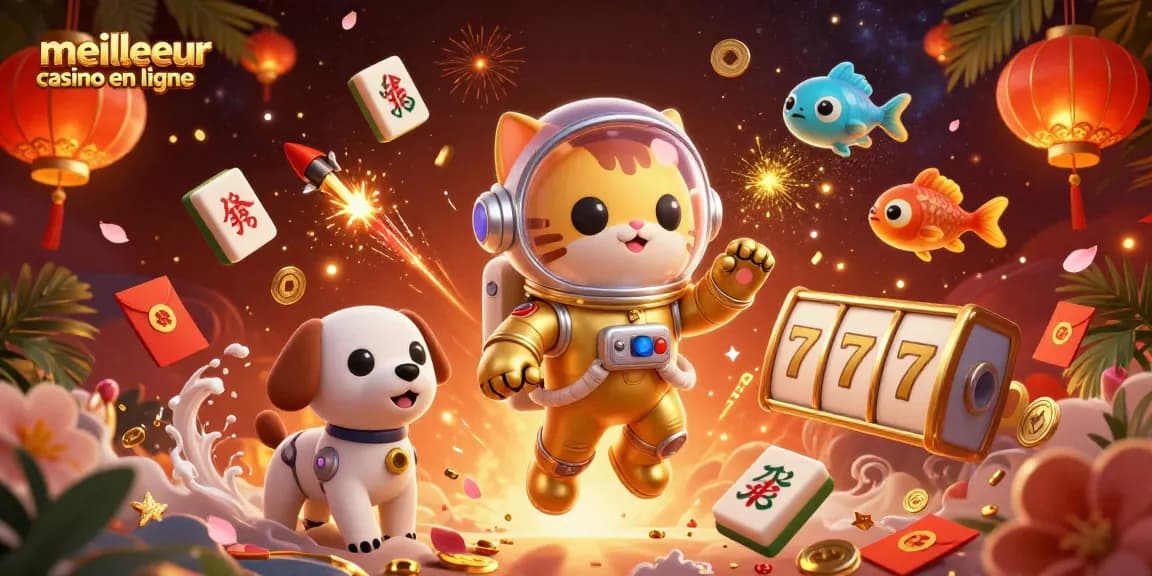 Le meilleur casino en ligne avec un chat astronaute et un chien robot flottant dans l'espace, entourés d'éléments de jeu captivants.