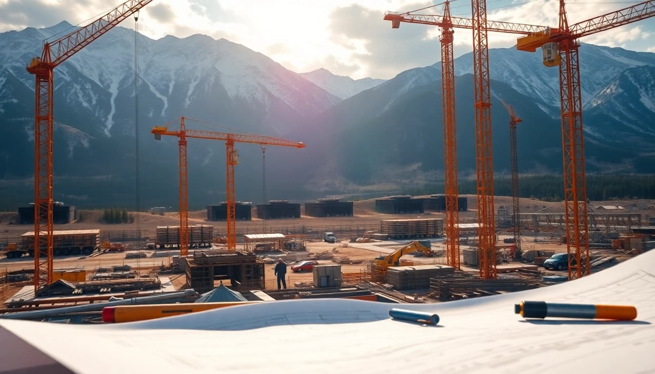 Engaging colorado construction news showcasing active projects in Colorado with cranes and workers.