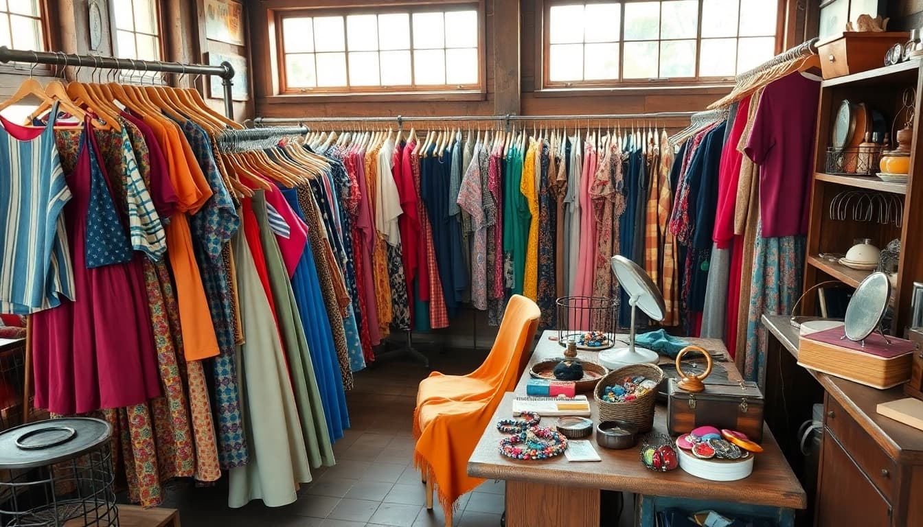 Shop unique finds at https://thrift-vintage.com with a vibrant vintage clothing display.