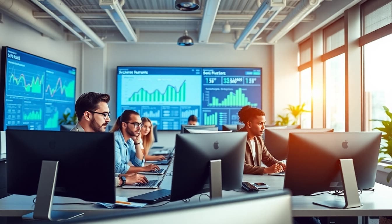 Cyberdan teams analyzing data to enhance digital security in a modern office.
