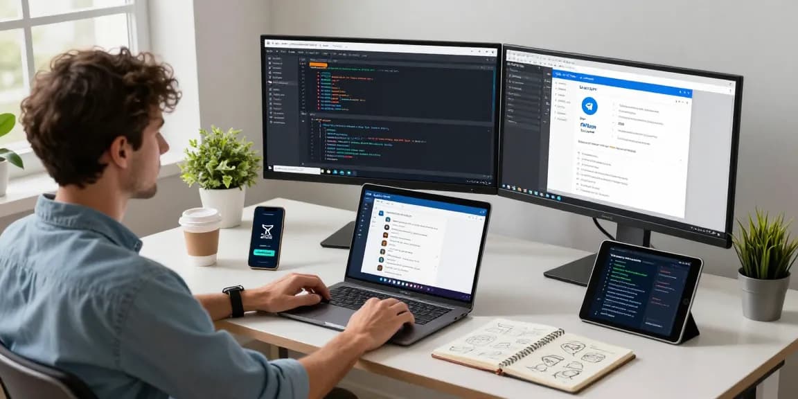Developer focused on 纸飞机下载 app design in a modern workspace.
