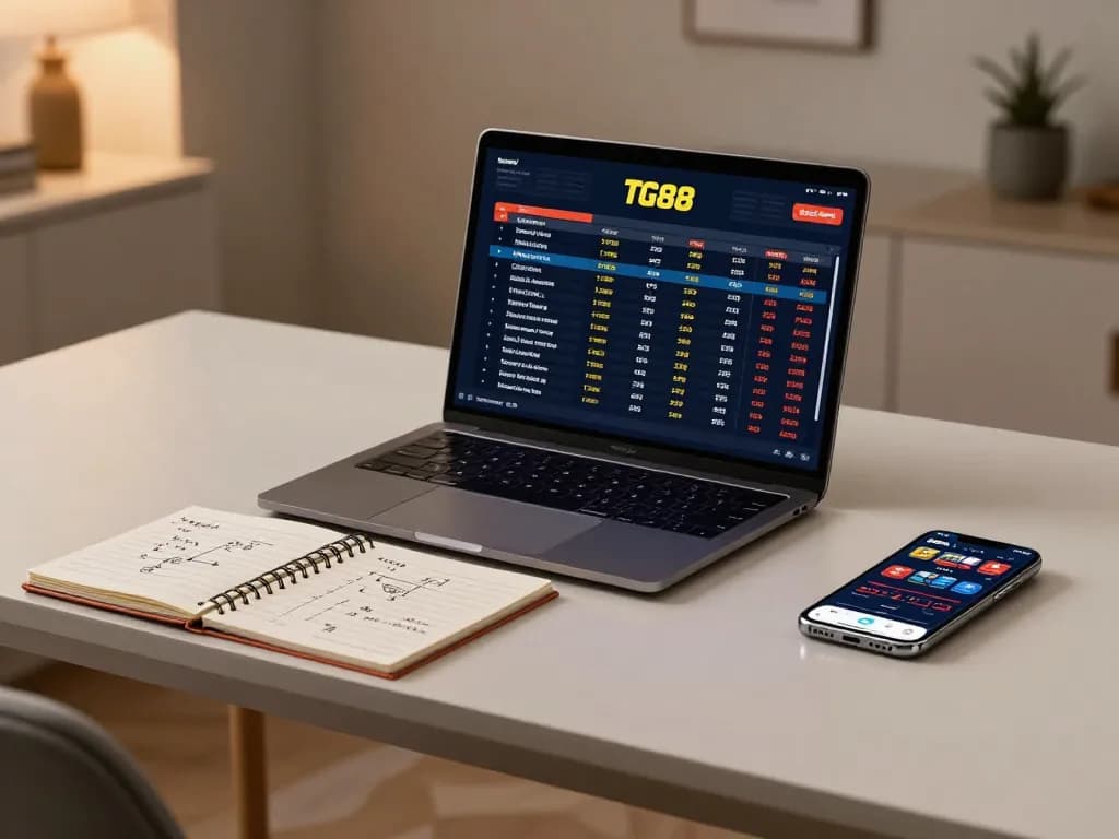 Engaging in online sports betting with TG88 on sleek laptop showcasing strategic odds.