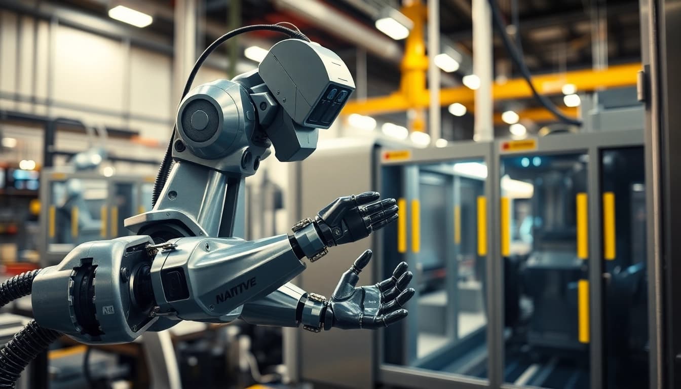 Injection Robot efficiently working alongside an injection molding machine in a modern industrial setting.