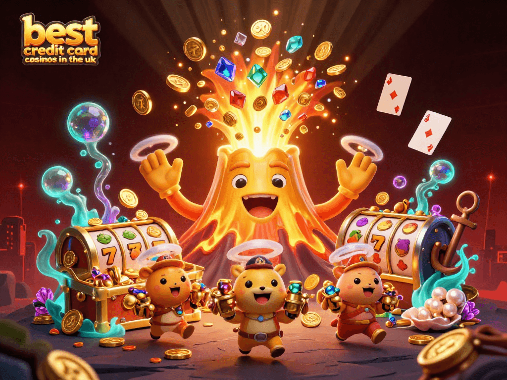 Discover the best credit card casinos in the UK with vibrant gaming elements, character, and treasure.