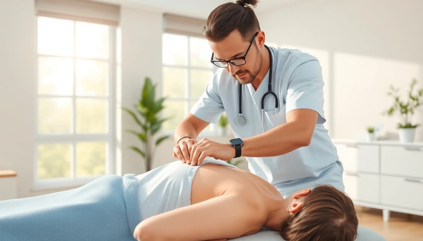 Osteopathie Behandlung mit einem Fokussierten Therapeuten während einer Sitzung in einem ruhigen Raum.