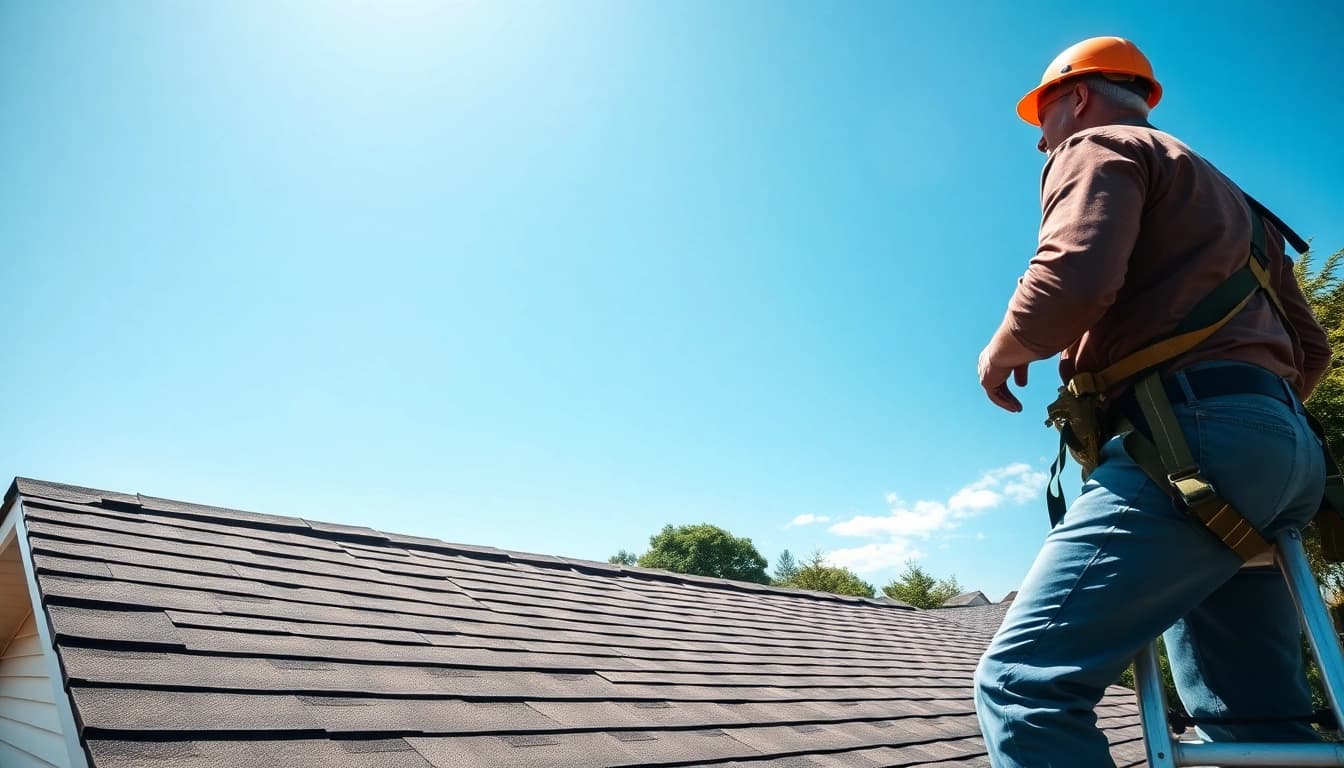 Inspecting roof repair conditions with a professional contractor in action.