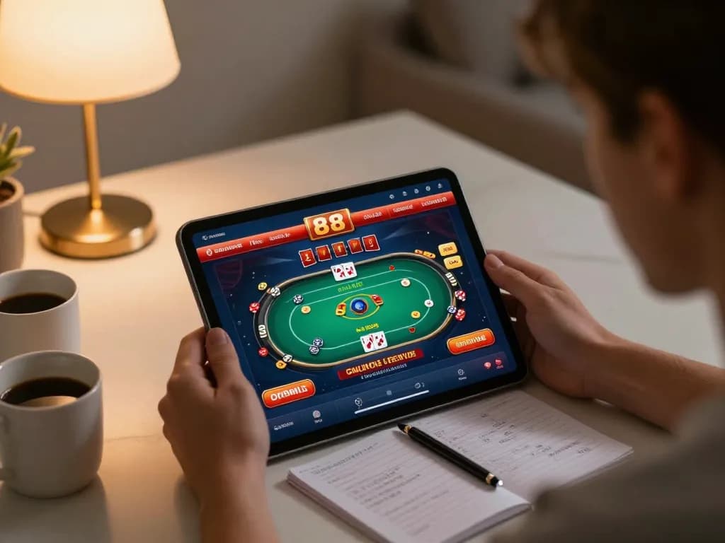 open88 online poker gaming session at home with tablet interface and strategy notes.