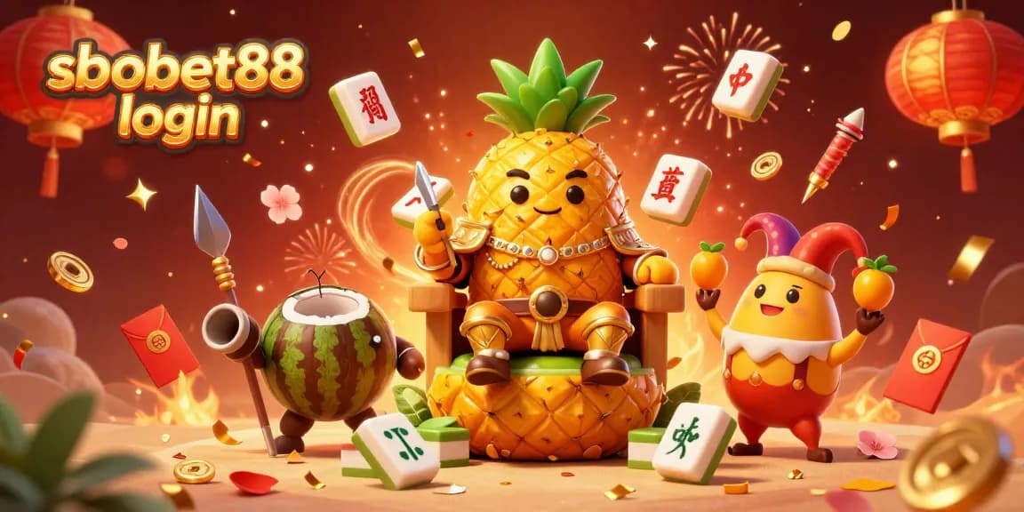 Experience sbobet88 login at a vibrant casino with a golden pineapple king and festive elements.