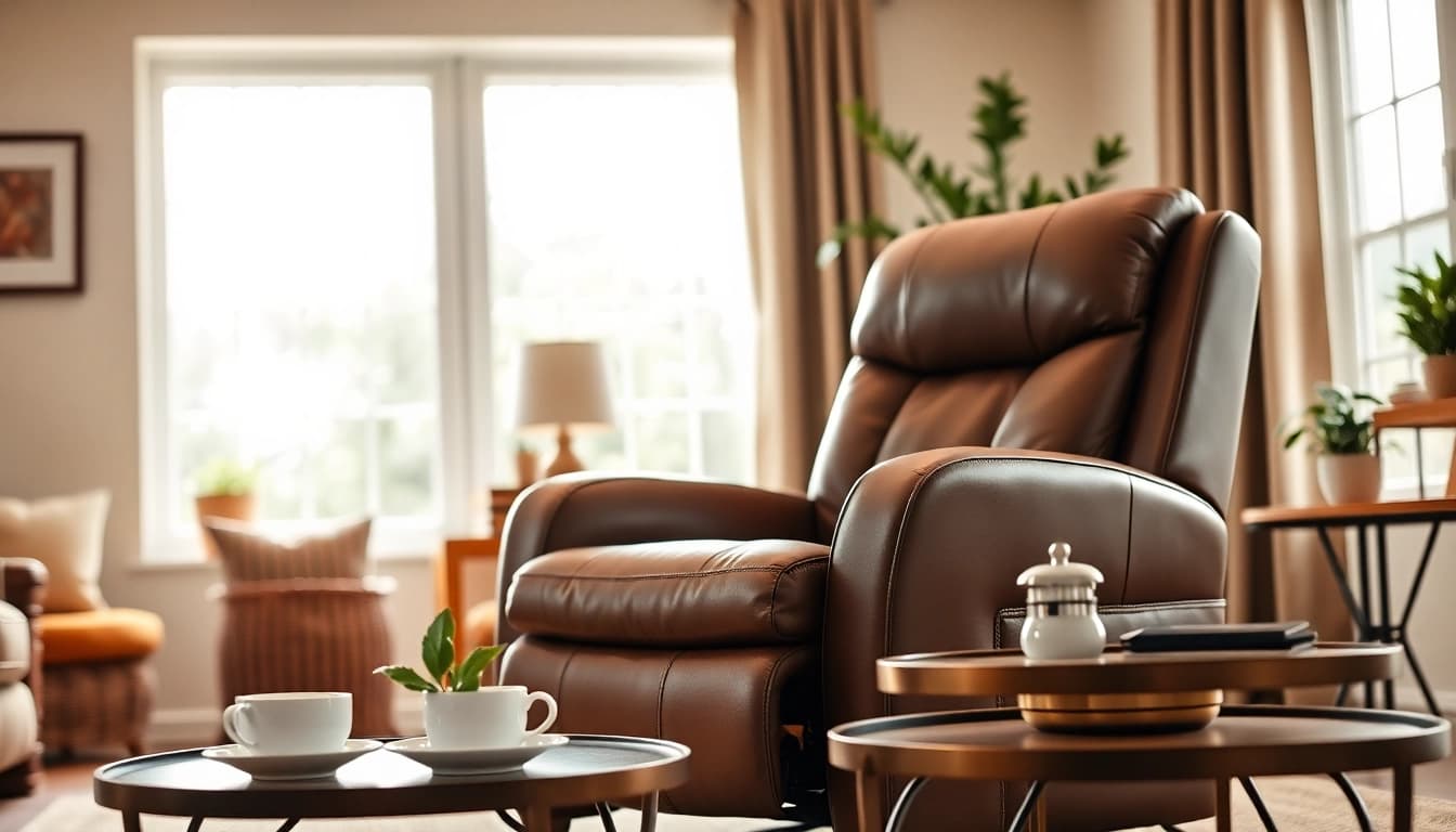 Experience comfort with a luxurious leather lift recliner chair nestled in a stylish living room.