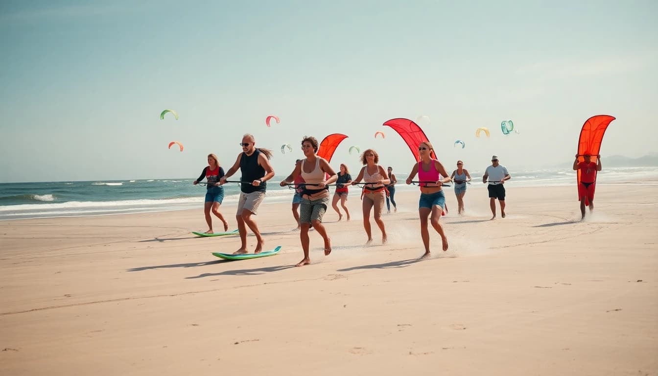 Ervaar de sensatie van blokarten bij https://www.blokartschool.nl met diverse deelnemers op het strand.