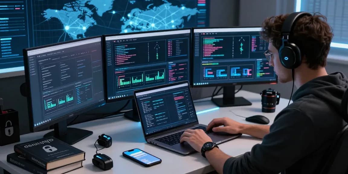 Focused individual researching BlackOps Market Link in a tech-savvy, secure dark web environment.