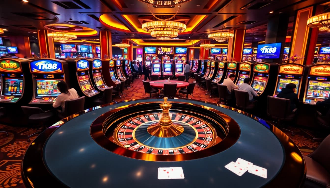 Engaging players at the TK88-themed casino table, rich in excitement and vibrant gaming action.