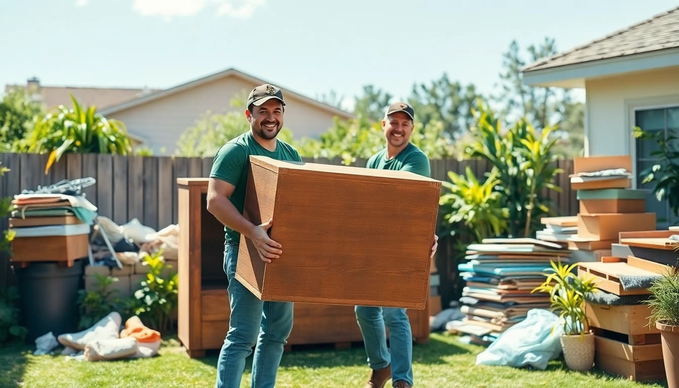 Efficient team from https://myeasyjunkremoval.com lifting furniture during a backyard clean-up.