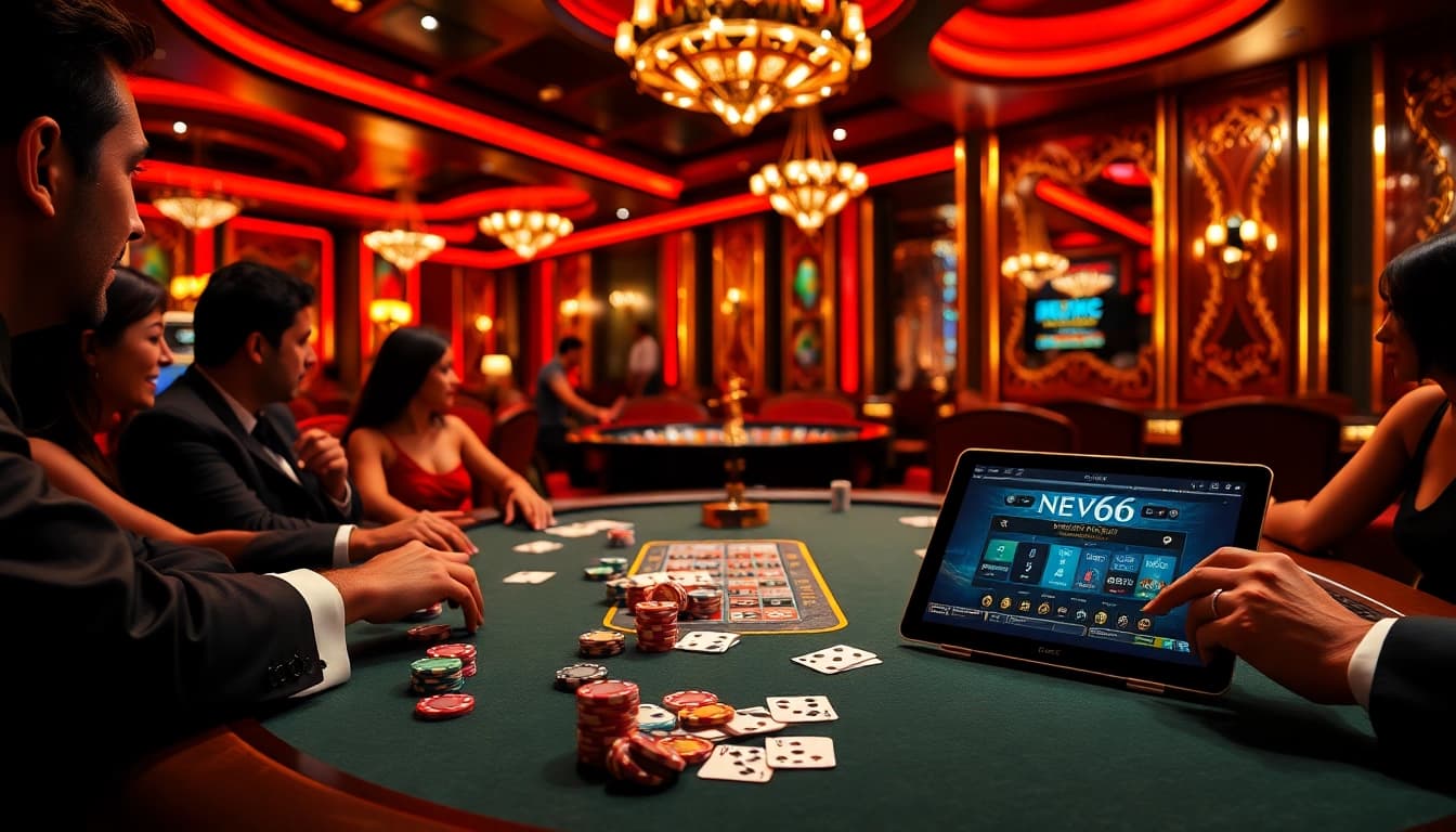 Exciting poker game scene featuring New66 branding with vibrant chips and cards.