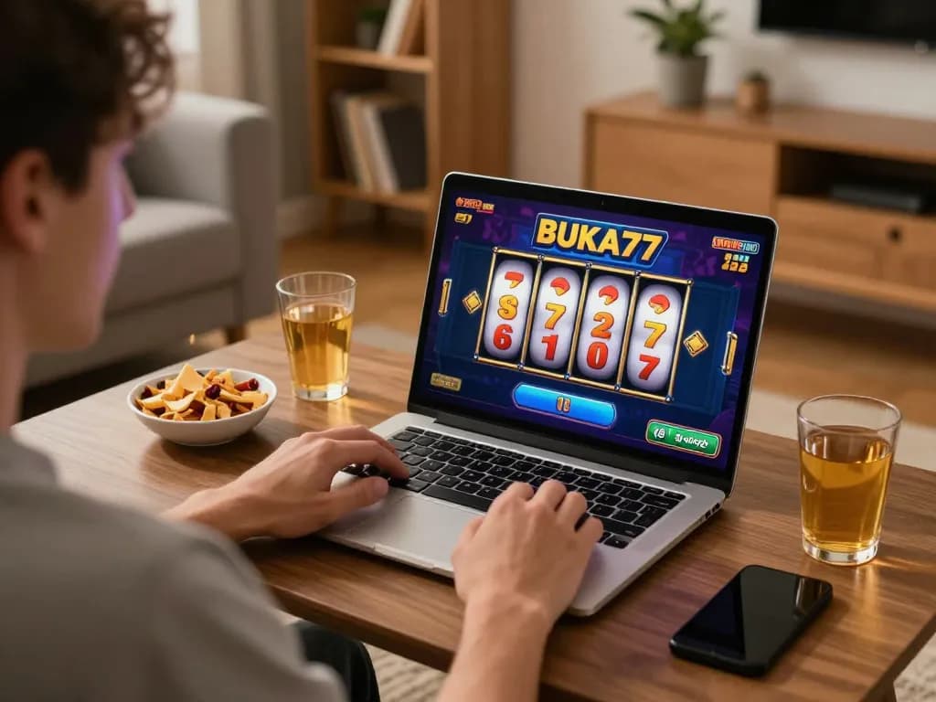 Player enjoying BUKA77 slot game on laptop, surrounded by snacks in cozy home setting