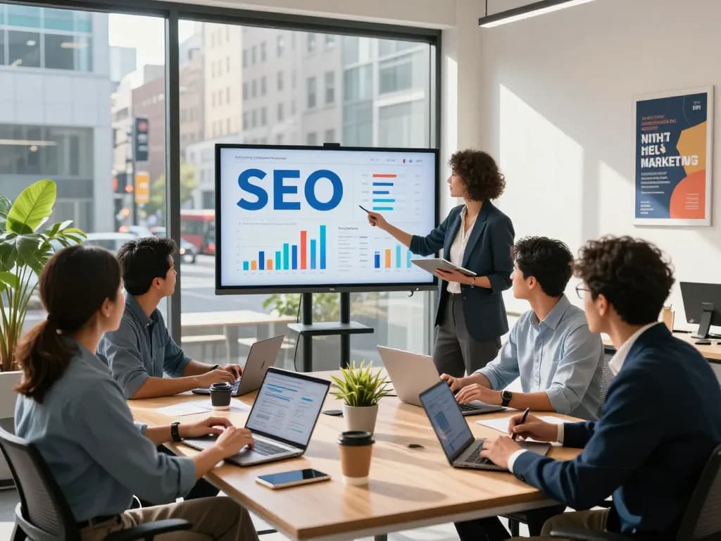 Engaged team brainstorming SEO strategies for a leading NYC SEO Company in a modern office.