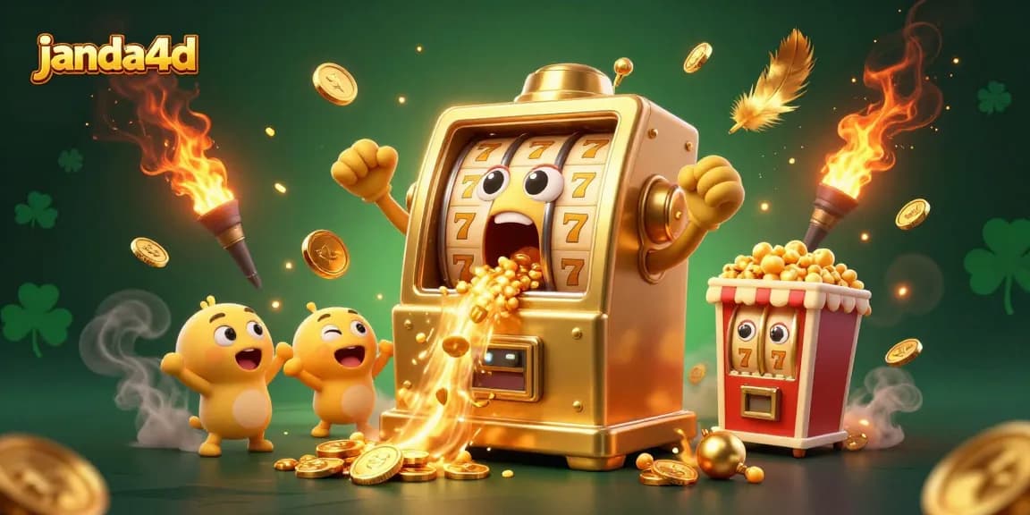 janda4d menghadirkan mesin slot kartun emas yang terkejut saat mendapatkan jackpot dengan koin berhamburan.
