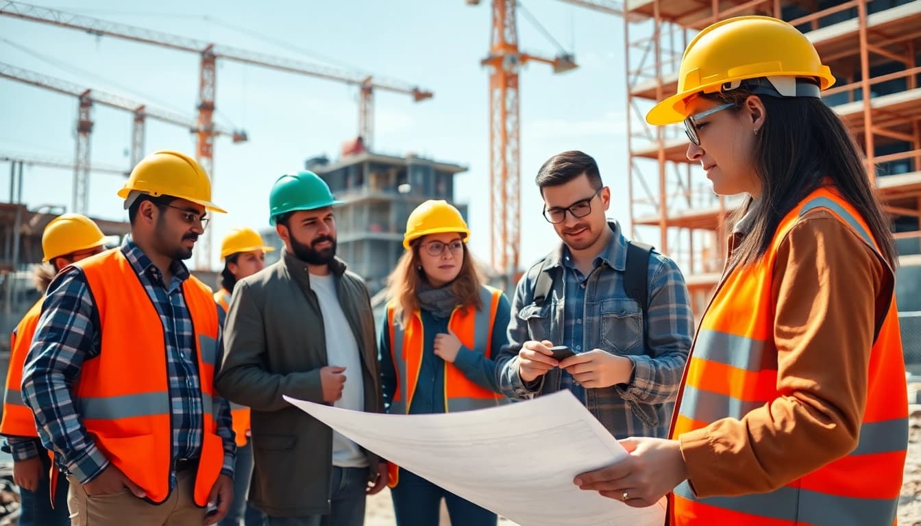 Construction professionals collaborate on-site, emphasizing the importance of Careers in construction for teamwork.