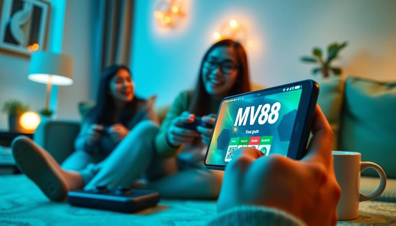 MV88 app experience on a smartphone in a cozy setting with accessories