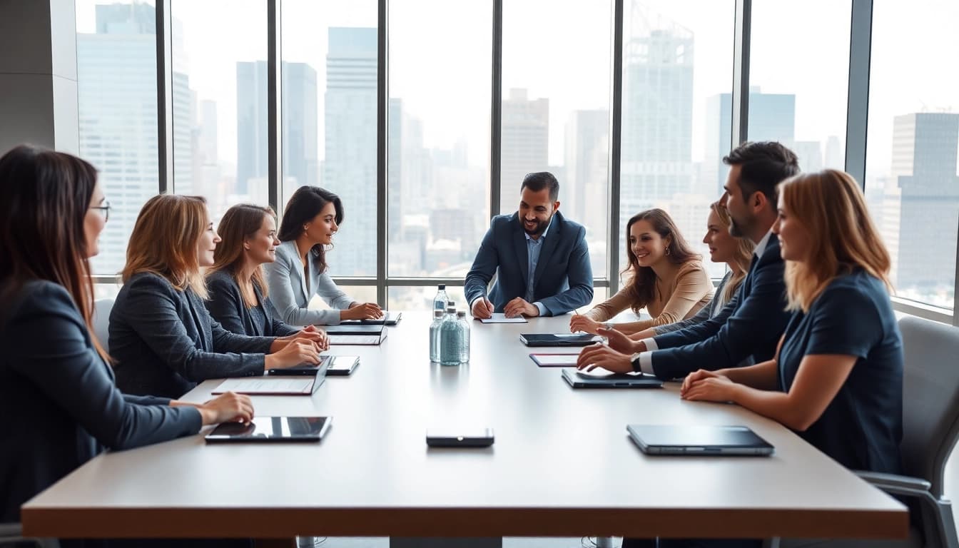 Business collaboration scene featuring diverse professionals engaged in teamwork.