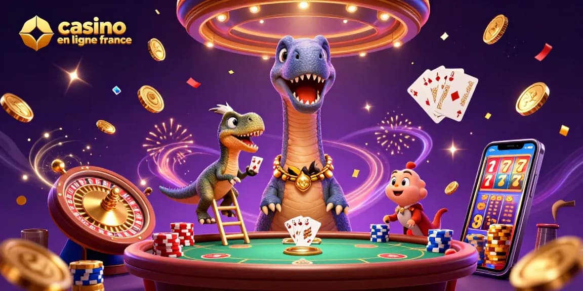 Illustration de casino en ligne France avec des personnages de dinosaures et éléments de jeu dynamiques.