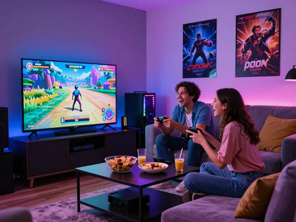 Couple enjoying a porn game online in modern gaming lounge with cozy ambiance.