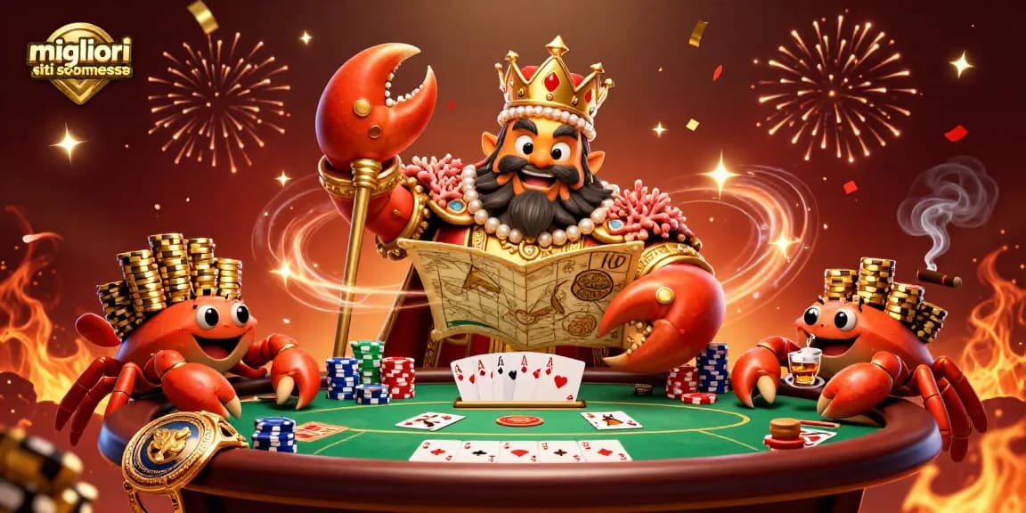 Migliori siti scommesse: un imperatore granchio dorato celebra con poker e chip d'oro in un'illustrazione vivace.