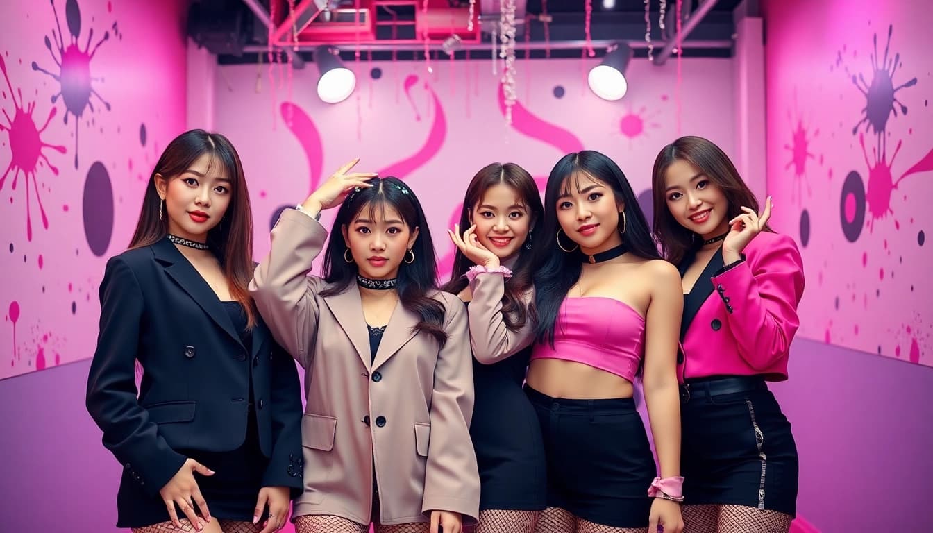 Showcasing blackpink members in a vibrant, colorful portrait highlighting their unique styles.