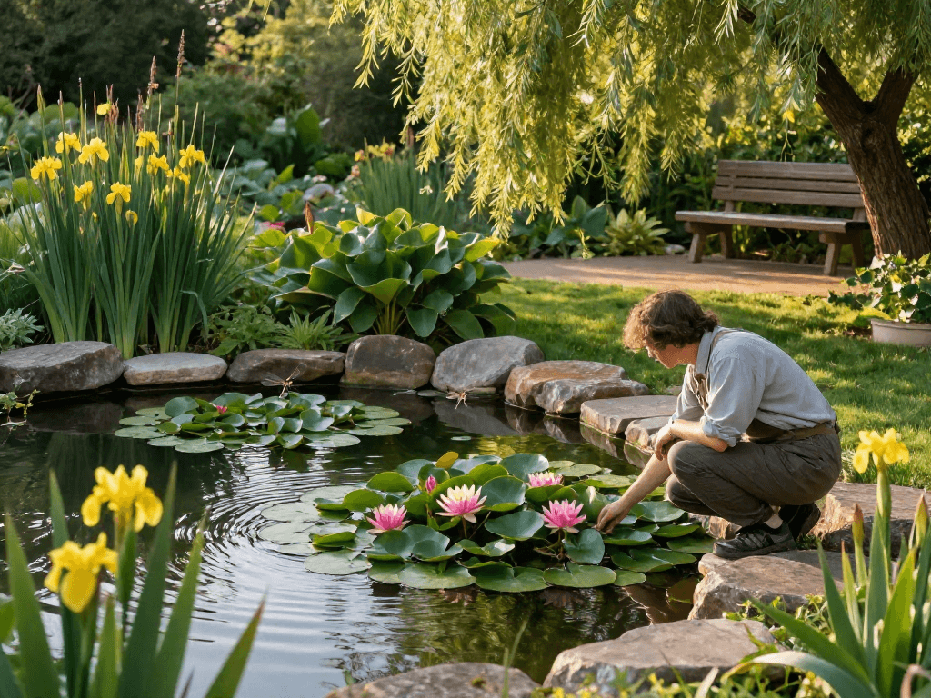 Vibrant British pond plants in a serene garden pond scene with a gardener planting water lilies.