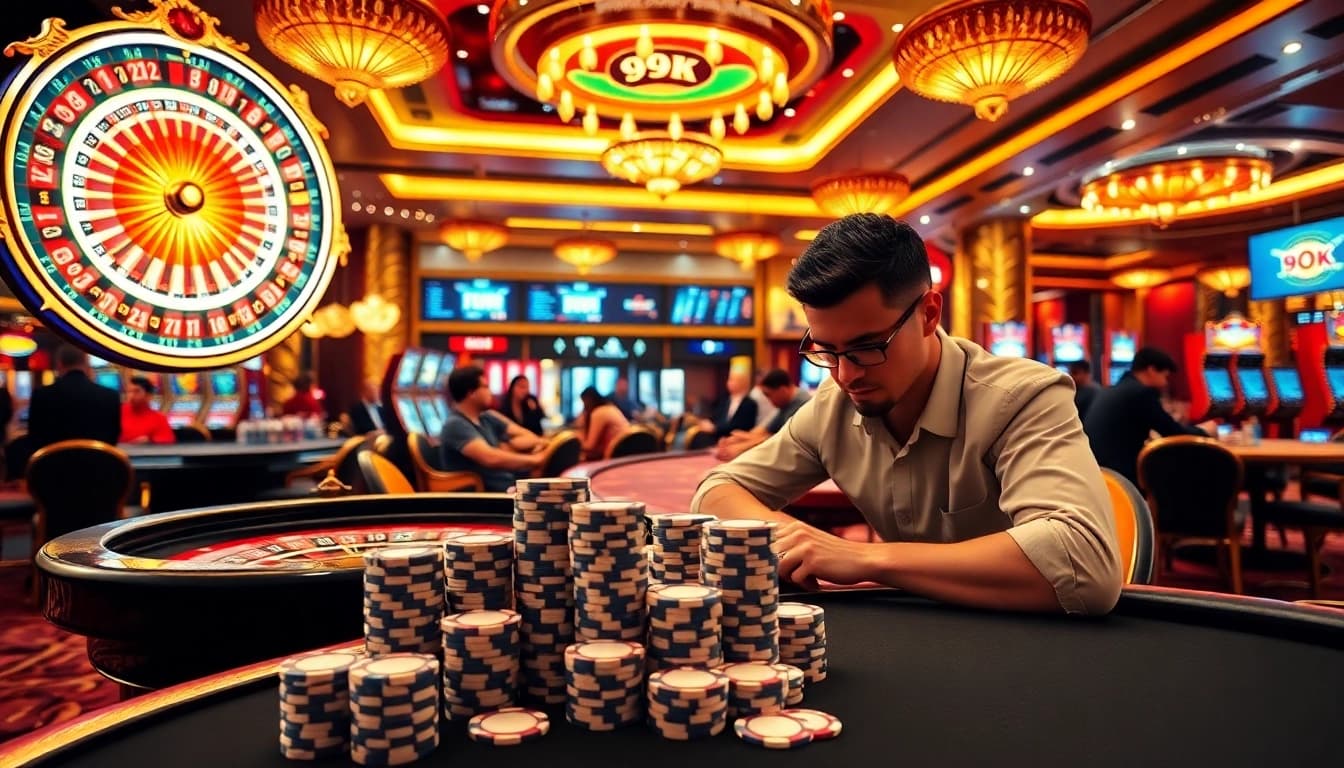 A vibrant casino floor with players at roulette and blackjack tables, showcasing 99OK.COM's luxurious gambling experience.