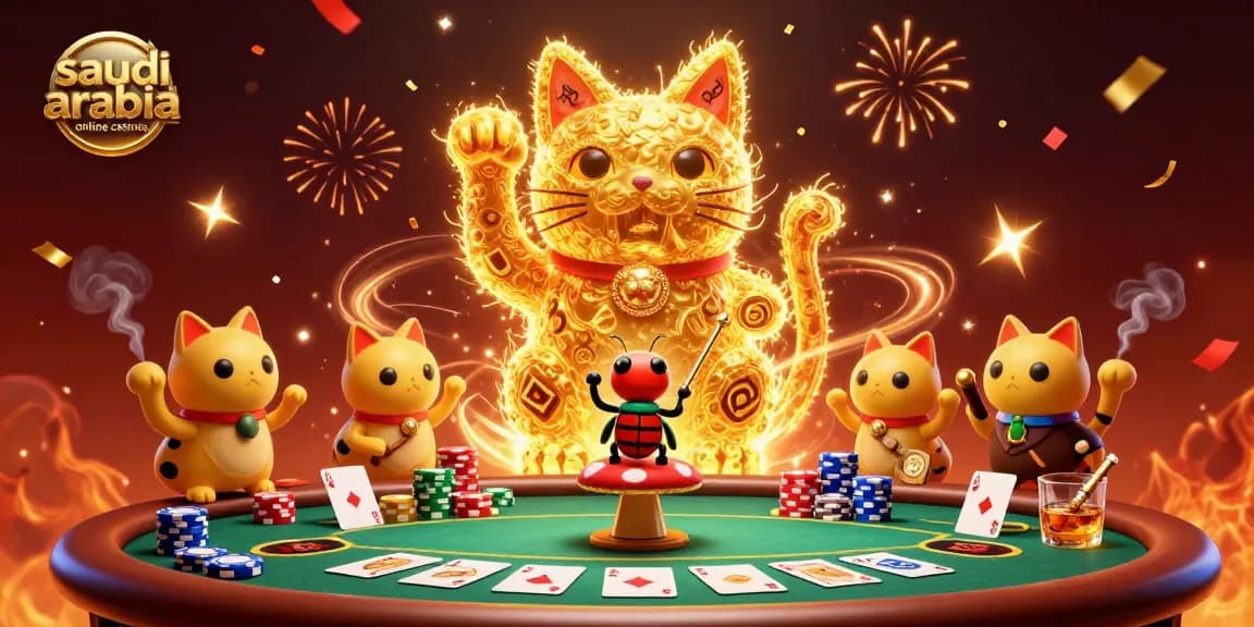 Engage with saudi arabia online casinos in an enchanting 3D illustration featuring lucky symbols and festive elements.
