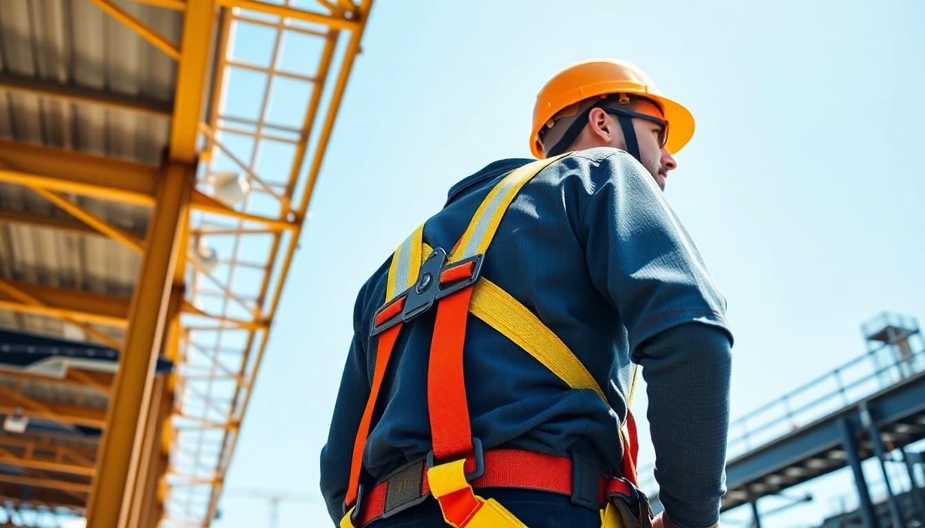 Wearing a fall protection harness Nairobi in an industrial setting, ensuring safety at height.