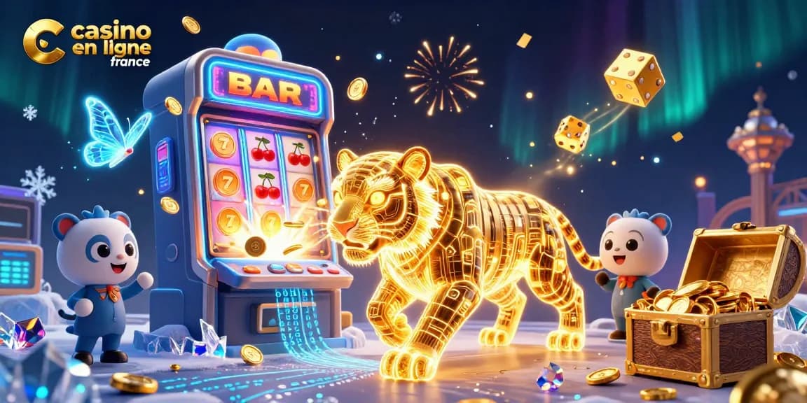Visitez un casino en ligne France animé avec un tigre lumineux et une machine à sous éclatante.