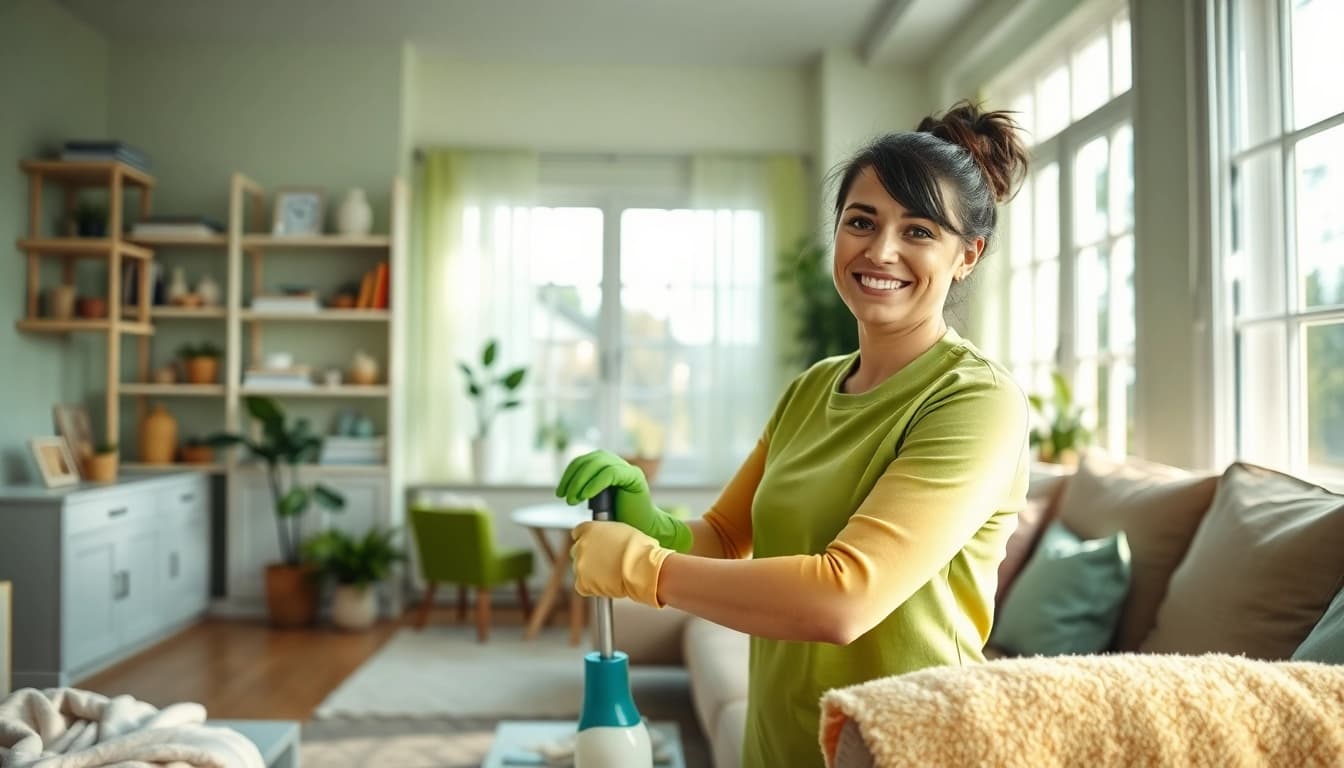 Provide a sanitary cleaning service by showcasing sparkling surfaces and a dedicated cleaner.