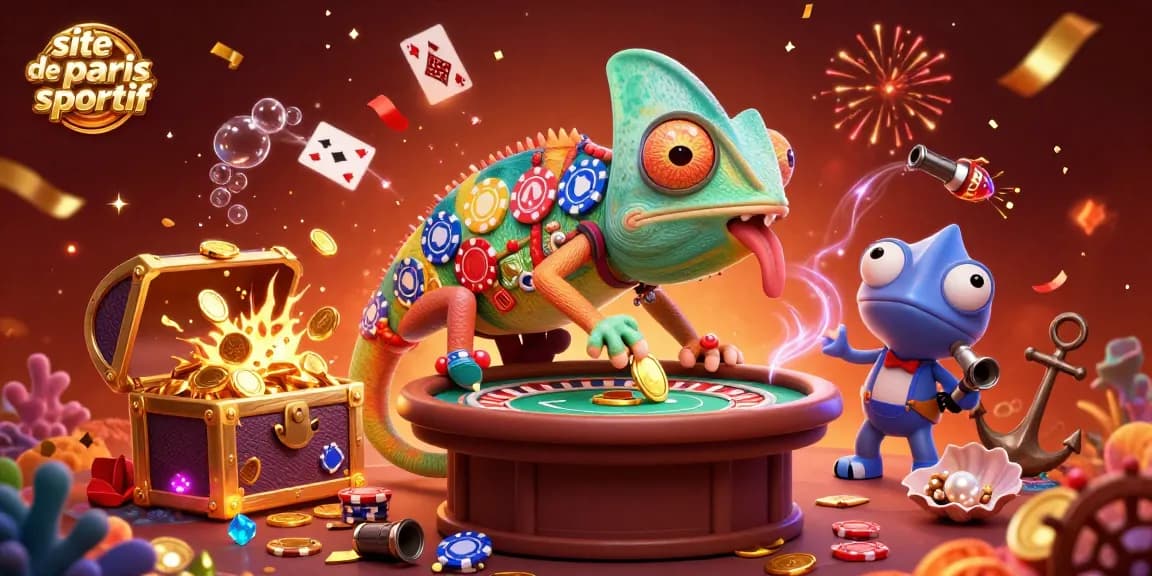 Jouez sur le site de paris sportif avec une scène animée présentant un chameleon du casino plein de couleurs et d'énergie.