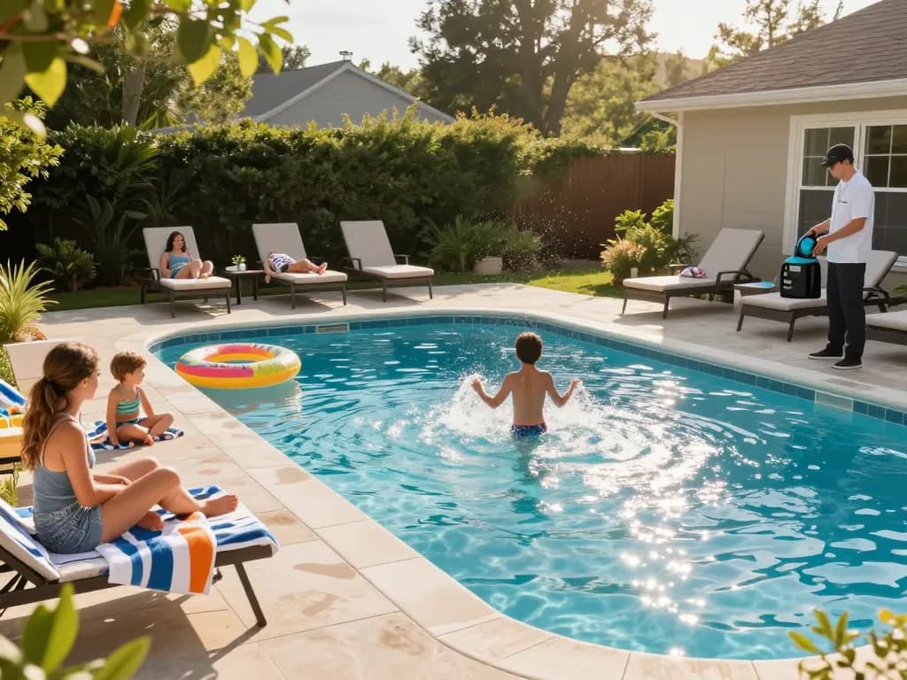 Dolphin Pool Services providing exceptional pool maintenance with family enjoying a sunny day by the pool.